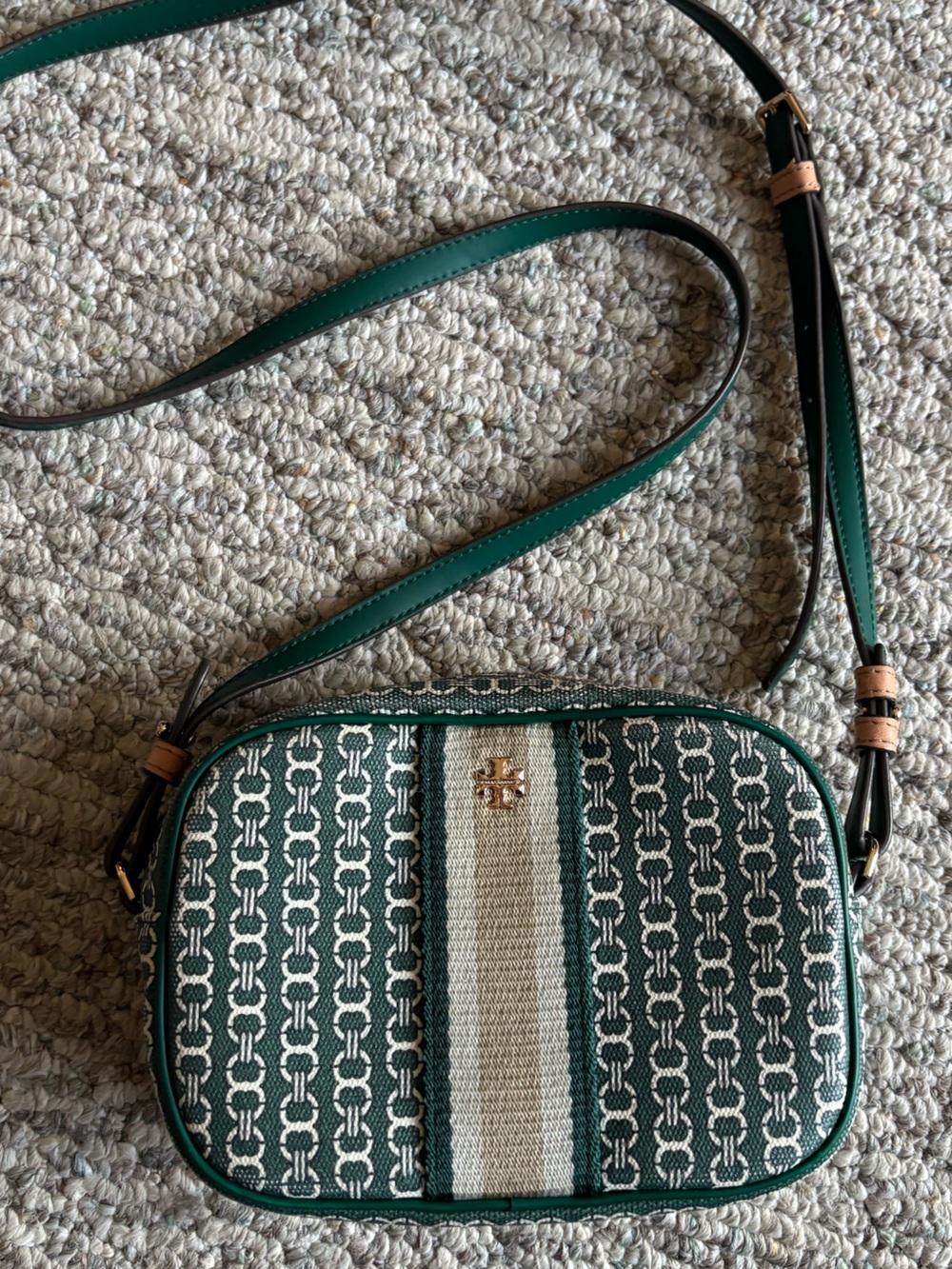 Tory Burch Green and Cream Monogram Crossbody Bag
